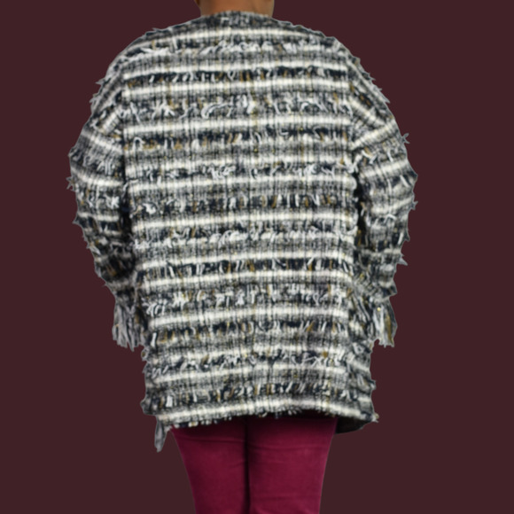 Zara Basic Fringe Tweed Coat Jacket Black White Metallic Thread Open Front Small - Picture 3 of 15